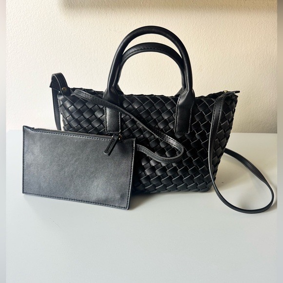 Handbags - Black Woven Vegan Leather Tote with Detachable Pouch